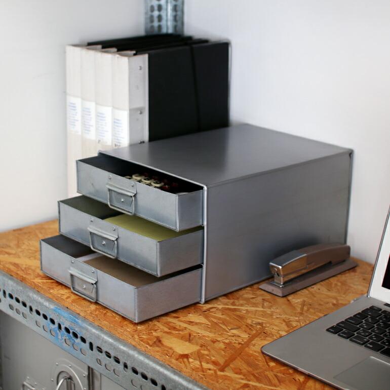 インダストリアル収納 引出3段収納BOX 引き出しボックス ブリキ製 A4サイズ 整理収納