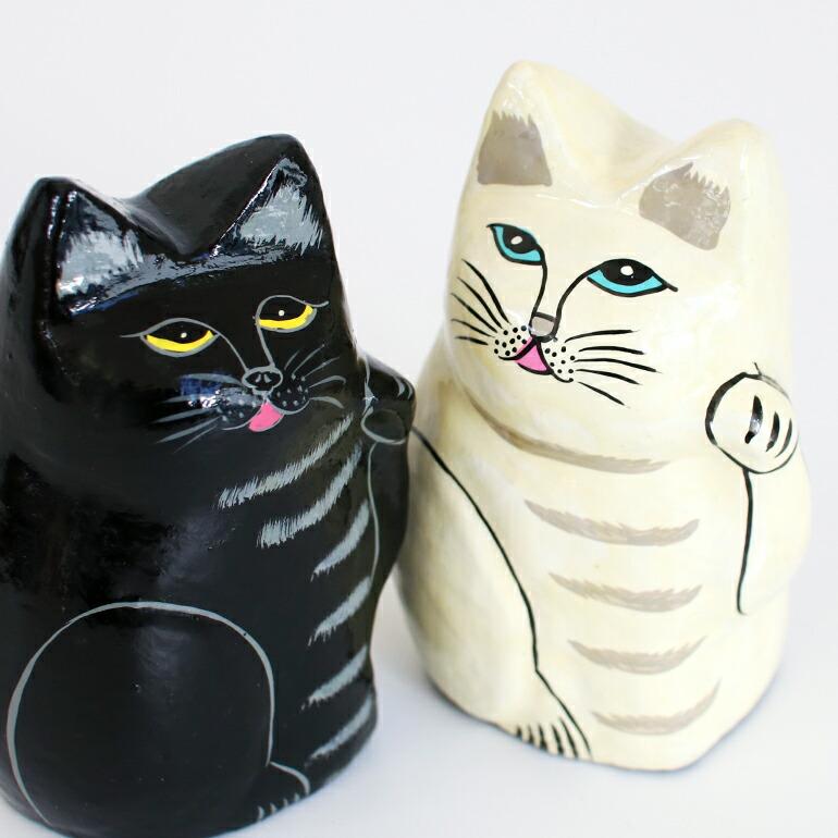 amabro（アマブロ） 招き猫 おしゃれ 黒 白 ハンドペイント インド 紙
