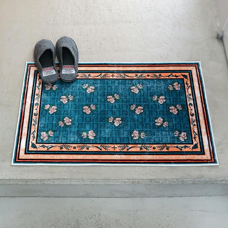 ラグ マット おしゃれ 小さめ 玄関 韓国 ムクゲ ヴィンテージ風 洗濯可 HERE ヒア Washable Rug "Hibiscus Syriacus" | ブランド登録なし | 02