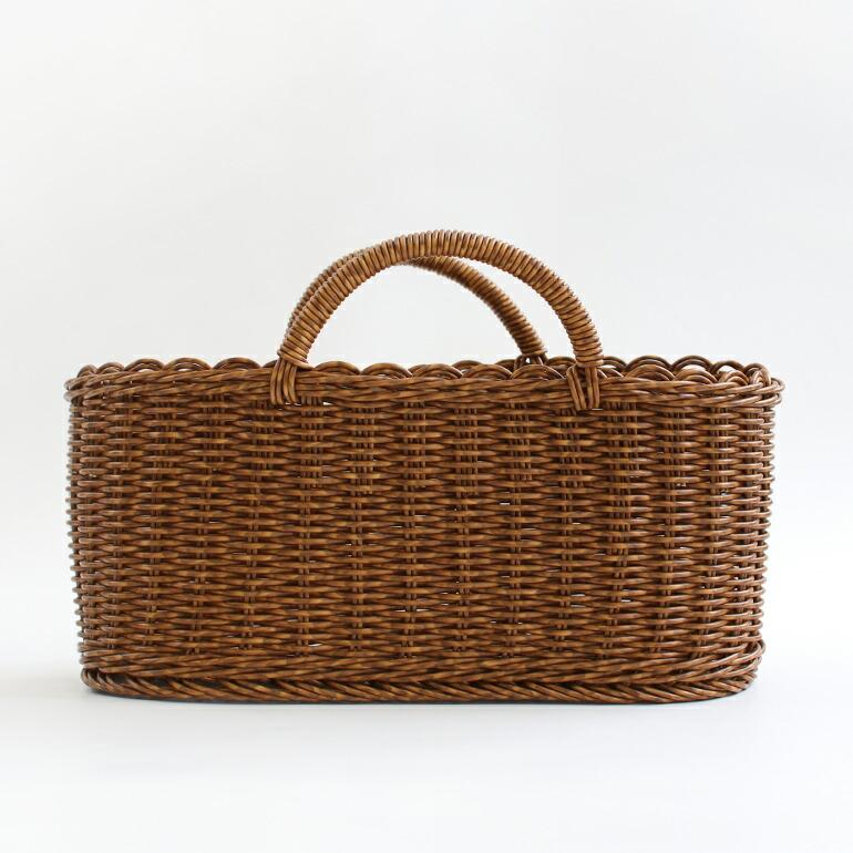 バスケット かご ラタン 樹脂 ハンドメイド 買い物かご 収納  ユティル オーバルハンドルバスケット Lサイズ　ブラウン | ブランド登録なし