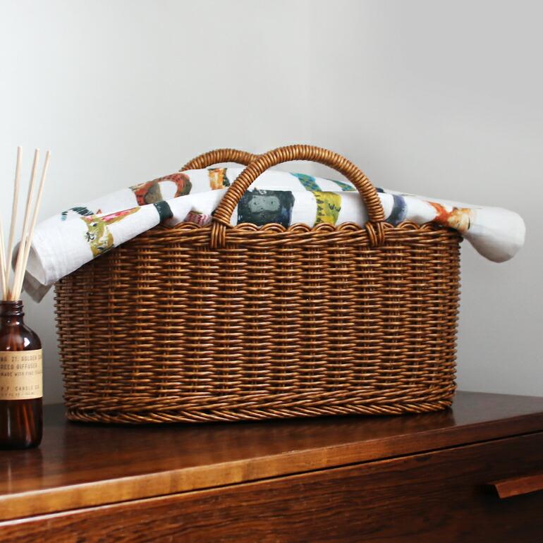 バスケット かご ラタン 樹脂 ハンドメイド 買い物かご 収納  ユティル オーバルハンドルバスケット Lサイズ　ブラウン | ブランド登録なし | 01