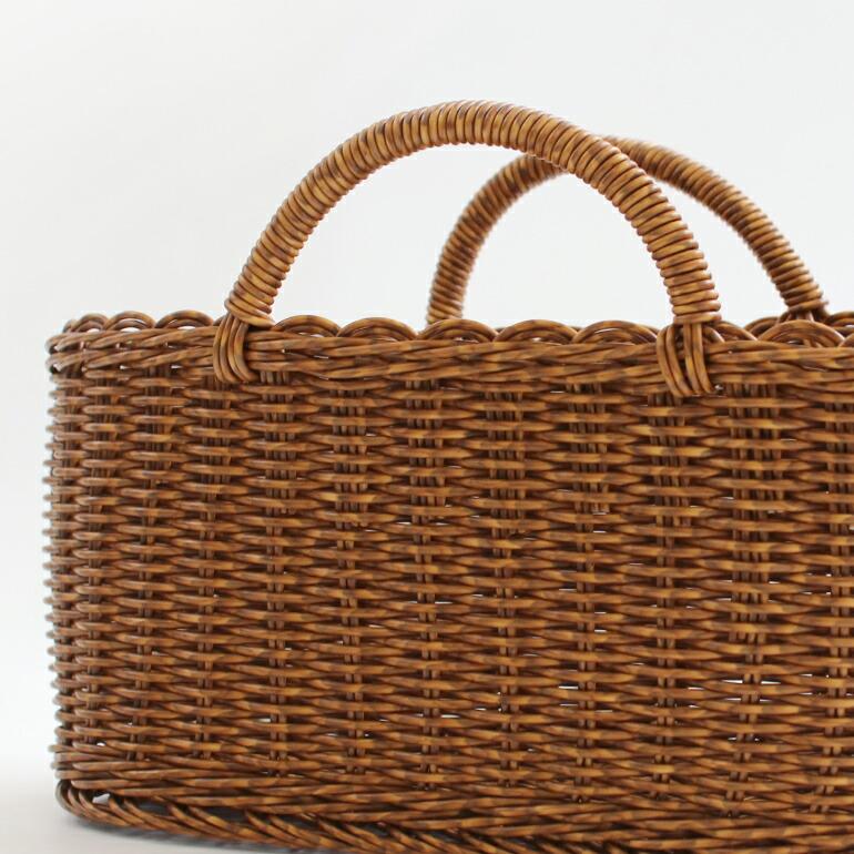 バスケット かご ラタン 樹脂 ハンドメイド 買い物かご 収納  ユティル オーバルハンドルバスケット Lサイズ　ブラウン | ブランド登録なし | 02