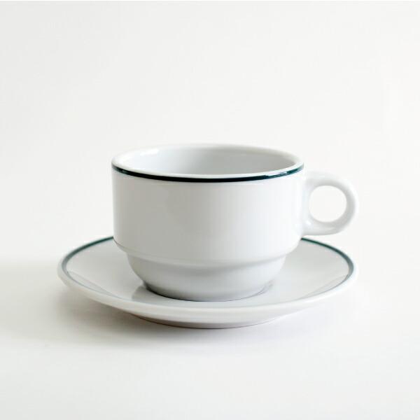 カップ＆ソーサー 磁器 ホワイト グリーンライン 150ml スタッキング シンプル スペイン製 業務用食器  Porvasal ポルバサル | ブランド登録なし