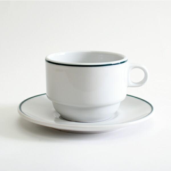 カップ＆ソーサー 磁器 ホワイト グリーンライン 250ml スタッキング シンプル スペイン製 業務用食器  Porvasal ポルバサル | ブランド登録なし