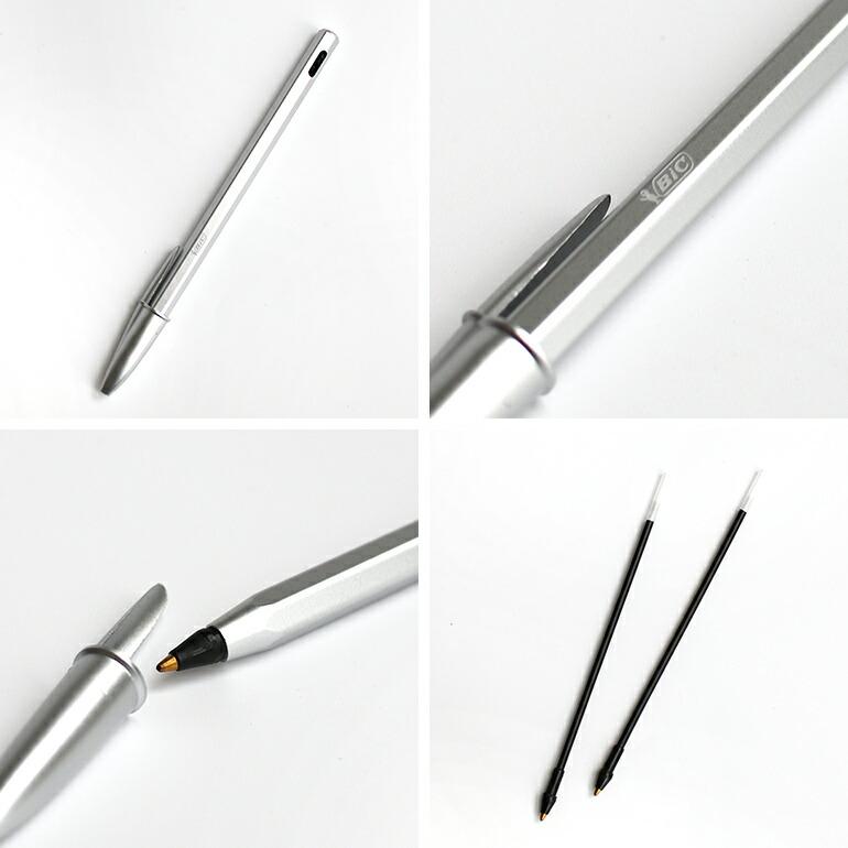 ボールペン アルミ シルバー 六角軸 替え芯付き リフィル2本 BIC ビック 1mm スタイリッシュ クリスタルリニュー 1.0 | BIC | 01