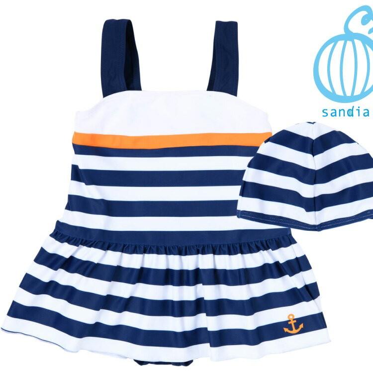 【Sandia サンディア 切替マリンボーダー 子供水着】水着 Aラインワンピース キャップセット 女の子 キッズ ベビー 子供 80cm 90cm 100cm 110cm 120cm 130cm UV | 