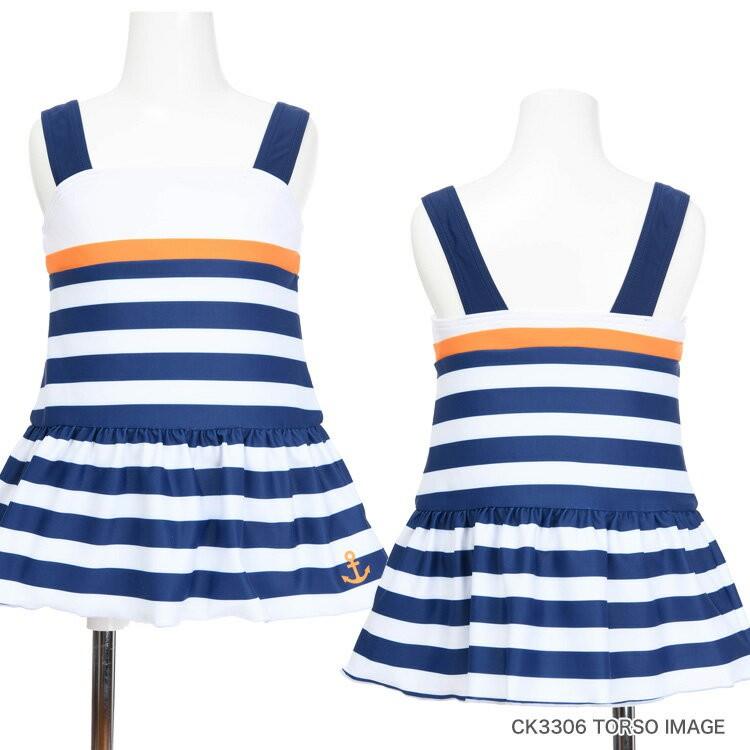 【Sandia サンディア 切替マリンボーダー 子供水着】水着 Aラインワンピース キャップセット 女の子 キッズ ベビー 子供 80cm 90cm 100cm 110cm 120cm 130cm UV |  | 06