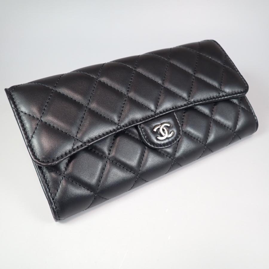 CHANEL 二つ折り 長財布 マトラッセ ラムスキン レザー ブラック