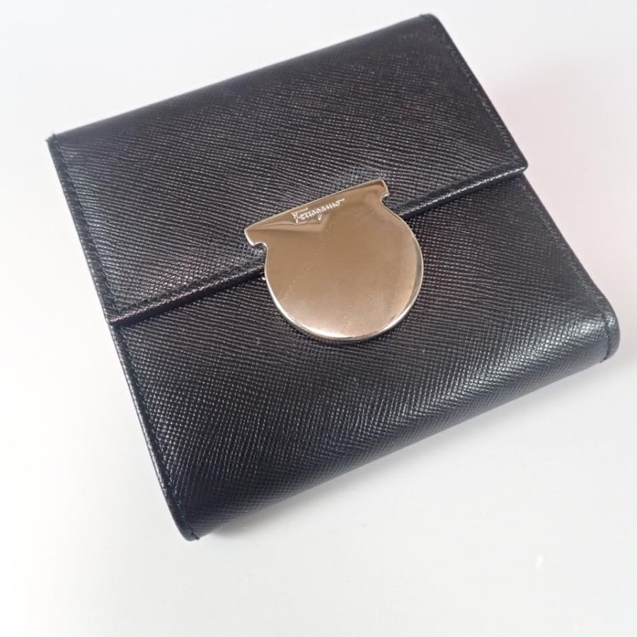 フェラガモ ガンチーニ 三つ折り財布 228083 黒 レザー シルバー金具  