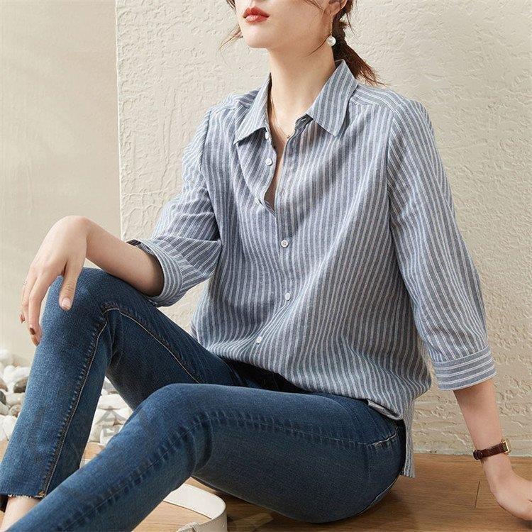 ブラウス レディース 七分袖 春夏 40代 代 トップス シャツ Vネック ストライプ Tシャツ きれいめ 可愛い 着痩せ 韓国風 おしゃれ カジュアル 大人 上品 通勤 最安値級価格