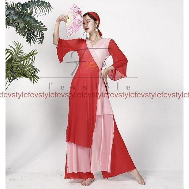 上品 中国風踊りダンス衣装レディース古典ダンス衣装3点セットレッスン漢服七分袖羽織り ワイドパンツ キャミ ガウチョパンツ中華演出服 ドレス ダンス衣装 カラー レッド qhema Com