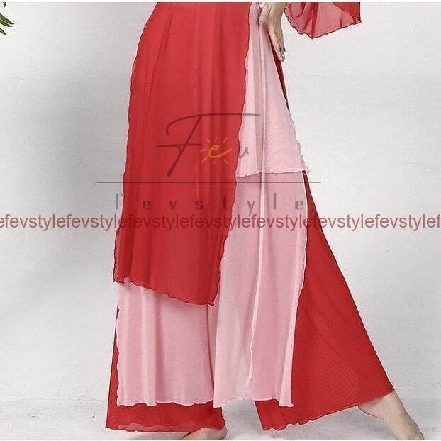 上品 中国風踊りダンス衣装レディース古典ダンス衣装3点セットレッスン漢服七分袖羽織り ワイドパンツ キャミ ガウチョパンツ中華演出服 ドレス ダンス衣装 カラー レッド qhema Com