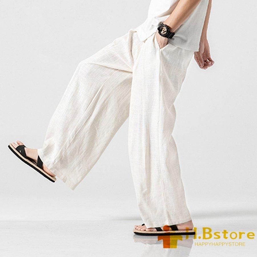 開店記念セール ワイドパンツ メンズ M 白 綿麻 リネン まっすぐ 和式ズボン ロング丈 春秋 無地 男性 大きいサイズ カジュアル Materialworldblog Com