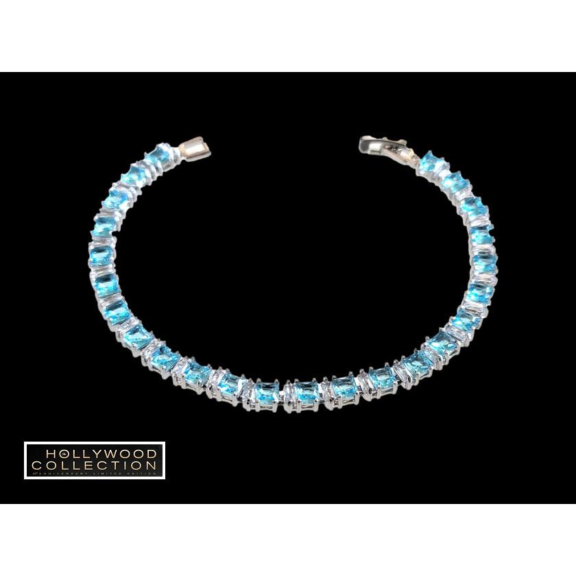 アクアマリン ブルー ブレスレット プリンセスカット CZ テニス