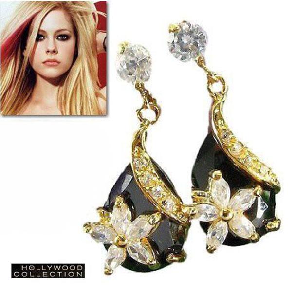 ピアス レディース 揺れるフラワー 花 ブラック クリスタル 18金 18KGP