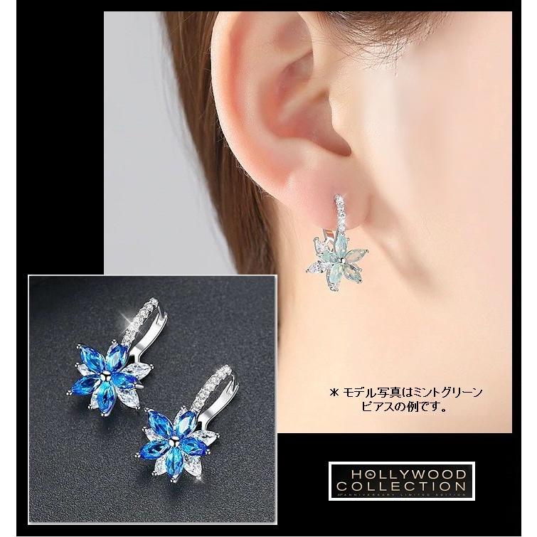 フープピアス レディース 花 フラワー 揺れるピアス サファイア ブルー