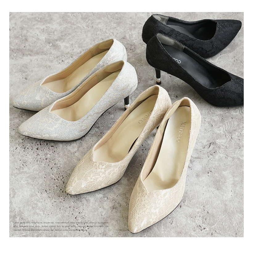 パンプス ピンヒール ポインテッドトゥ レース ラメ 7.5cmヒール