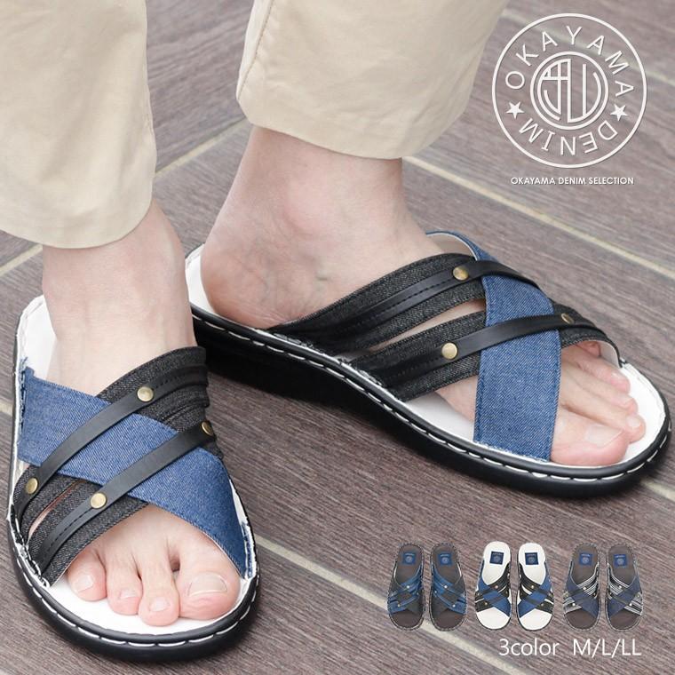 カジュアルサンダル コンフォートサンダル つっかけ メンズ フラット 履きやすい 歩きやすい 撥水加工 クロスベルト ネイビー 岡山デニム Okayama Denim Tk Celeble Yahoo 店 通販 Yahoo ショッピング