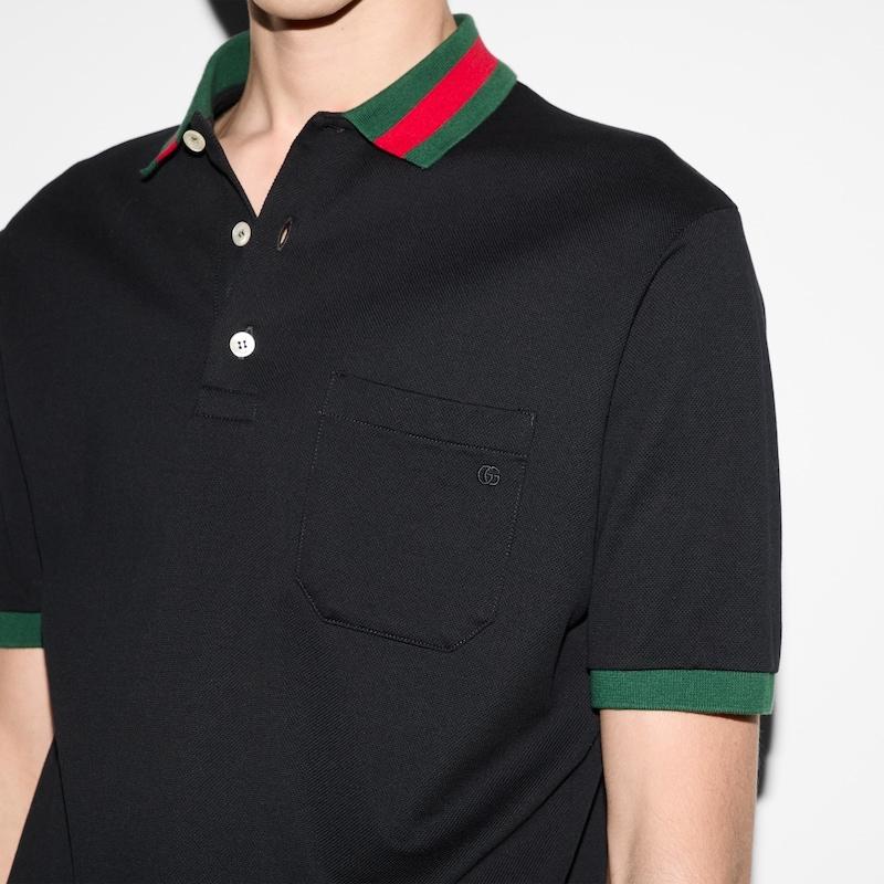 グッチ GUCCI メンズ ウェブ ストライプ カラー（襟）付き コットンピケ ポロシャツ【ブラック 】【送料無料】【正規品】の画像
