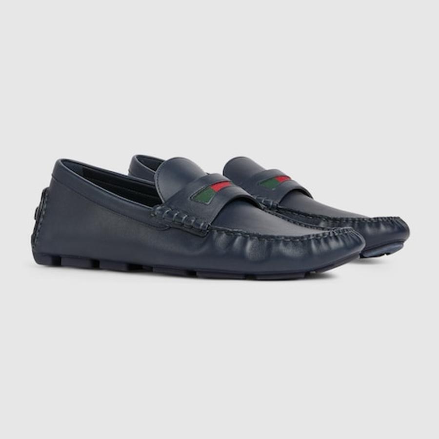グッチ GUCCI メンズ ウェブ ストライプ ディテール付き ドライビングシューズ【ダークブルー レザー 】【送料無料】【正規品】の画像