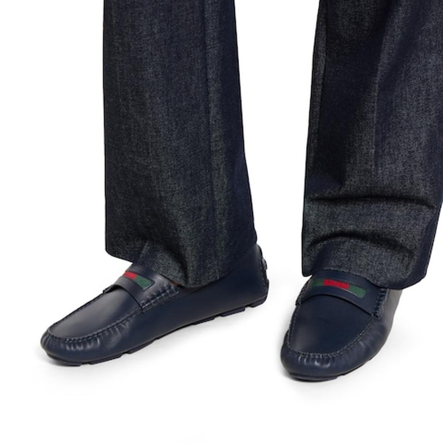 グッチ GUCCI メンズ ウェブ ストライプ ディテール付き ドライビングシューズ【ダークブルー レザー 】【送料無料】【正規品】の画像