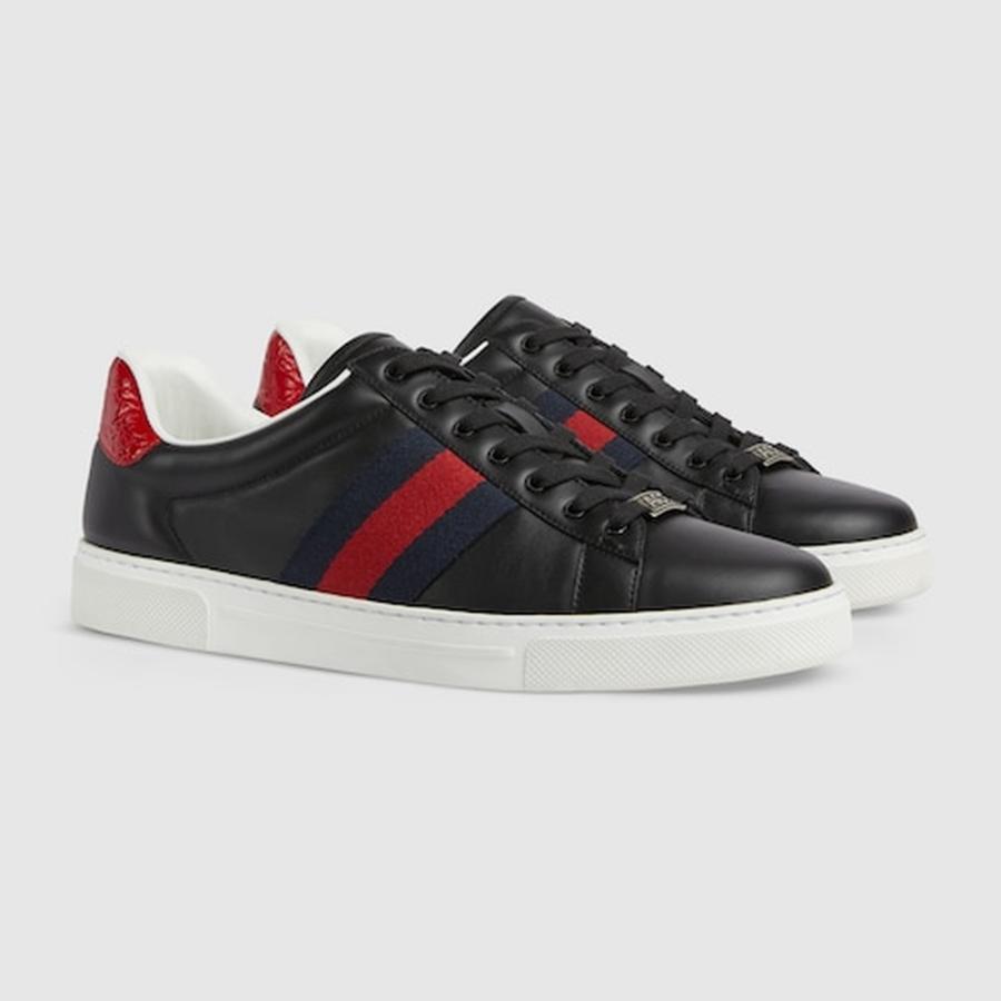 グッチ GUCCI メンズ エース ウェブ ストライプ スニーカー【ブラック レザー 】【送料無料】【正規品】の画像