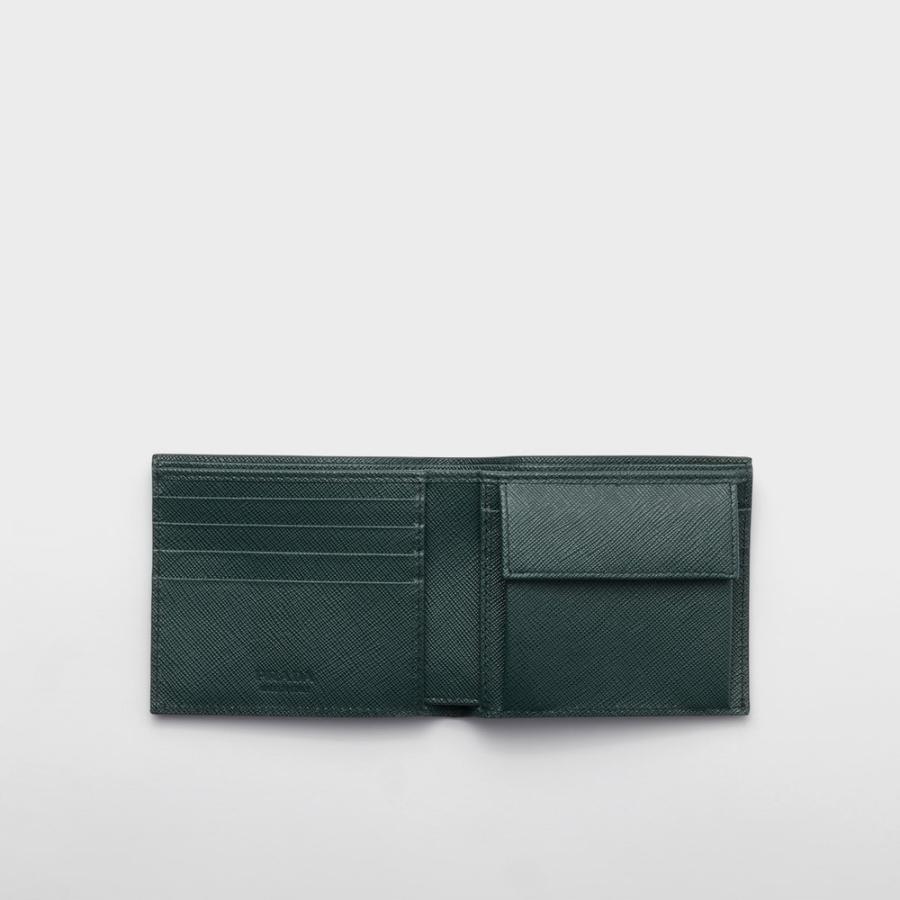 プラダ PRADA 2026春夏 メンズ コインパース付きサフィアーノレザーウォレット 財布【グレー／エメラルド 】【送料無料】【正規品】の画像