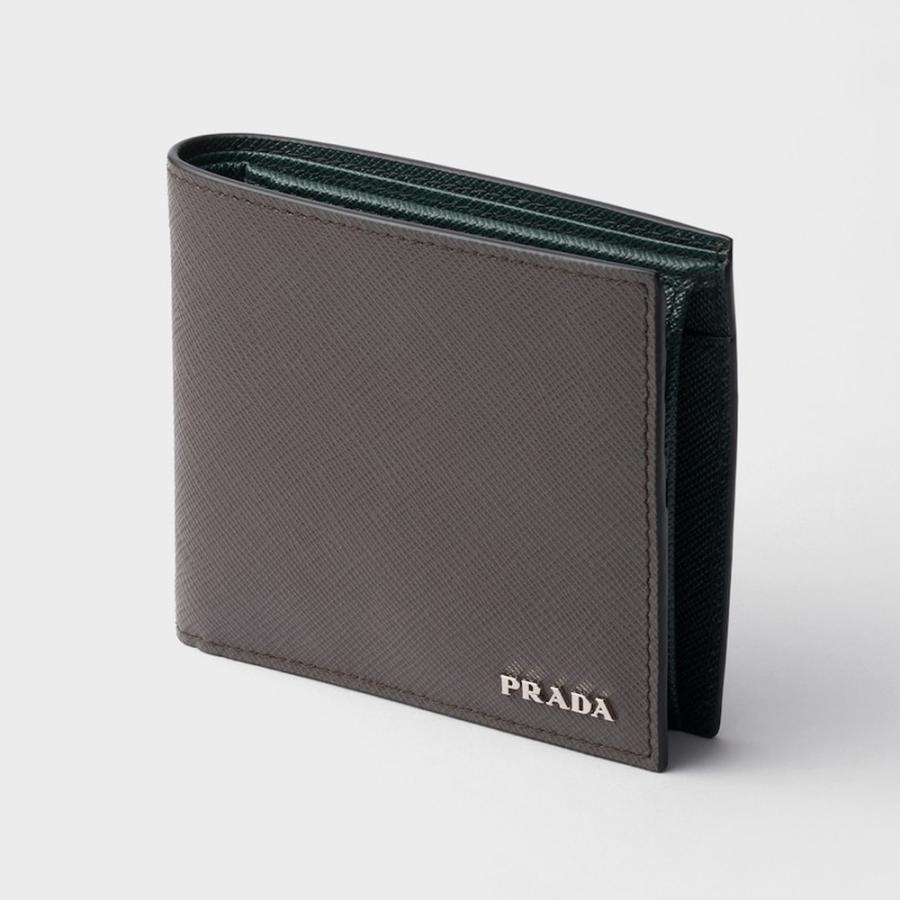 プラダ PRADA 2026春夏 メンズ コインパース付きサフィアーノレザーウォレット 財布【グレー／エメラルド 】【送料無料】【正規品】の画像