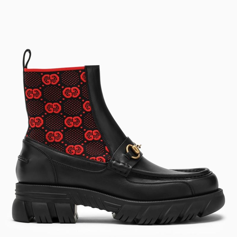 2023秋冬 グッチ GUCCI メンズ Black and red GG jersey leather bootブーツ【Black 】【送料