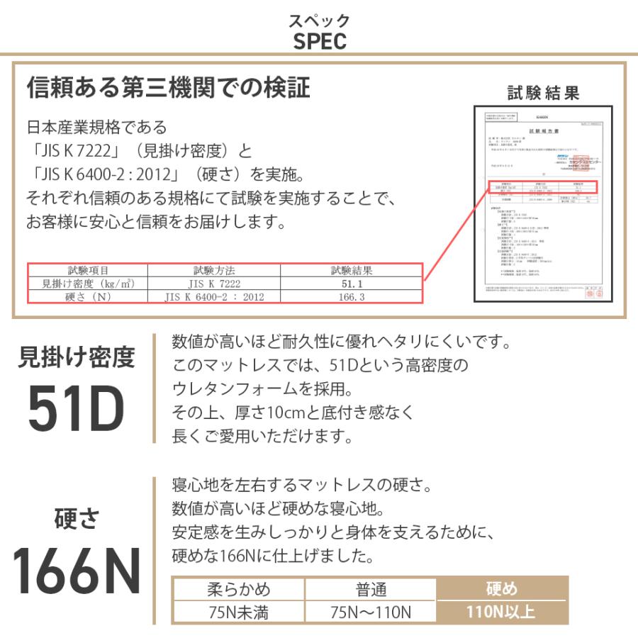 マットレス ダブル 三つ折り 硬め 厚さ 10cm 日本製 日本産業規格 試験済 硬さ 166N 安定の寝心地 腰痛 安い 硬い 折りたたみ ウレタン 寝具 A1215｜cellutane001｜10