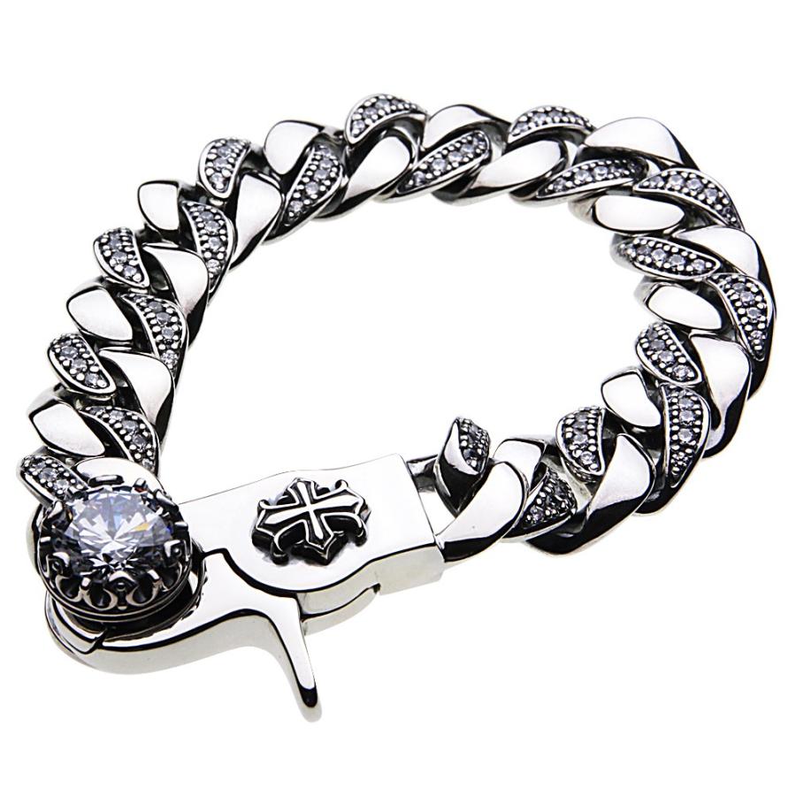 シルバー アクセサリー クリップパヴェキヘイブレスレット ホワイトジルコニア シルバー ブレスレット 喜平 クリップ式 クロス 十字架 クラウン b0408