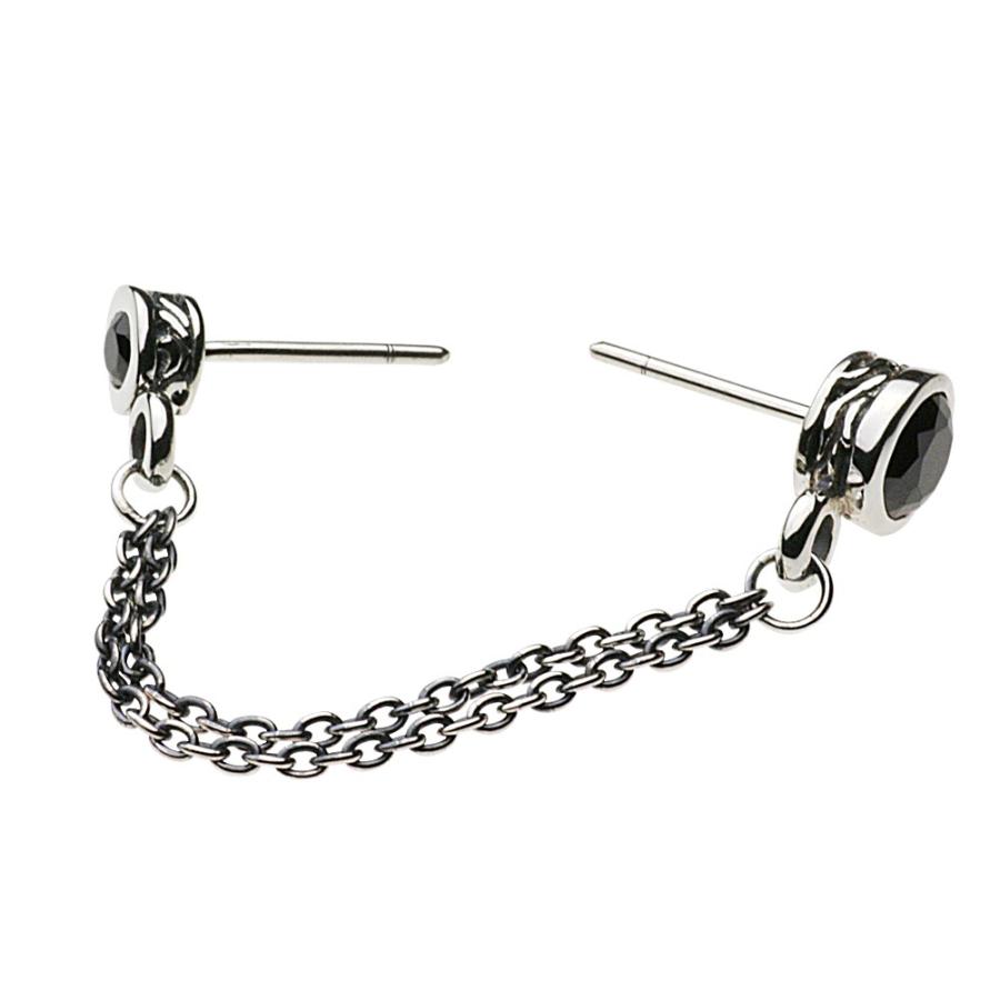 ブラックジルコニア シルバーピアス メンズ チェーン パンク 鎖 ボンテージ ロック シルバー925 キャッチ付き シルバーアクセサリー e0425の画像