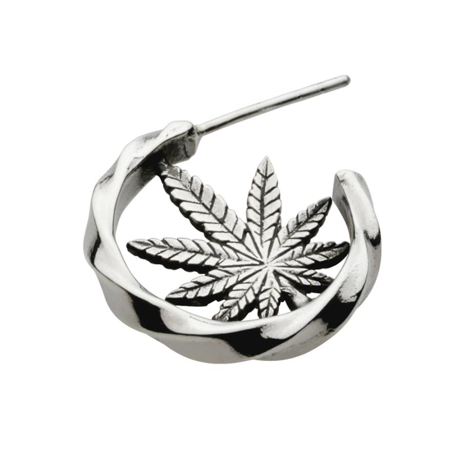 シルバーピアス メンズ ヘンプ 麻の葉 大麻草 レゲエ ねじり ラスタ フープ形状 シルバー925 キャッチ付き シルバーアクセサリー e0641の画像