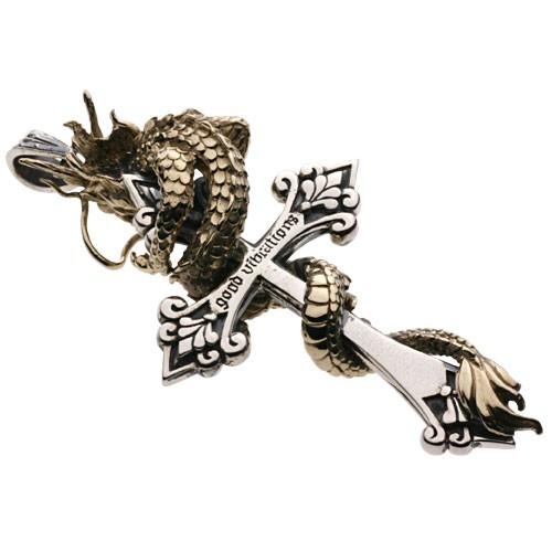 シルバーペンダント メンズ 黄龍ビッグクロス十字架 ドラゴン 龍 竜 クロス オリエンタル シルバー925 シルバーアクセサリー p0143の画像