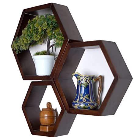 一番の贈り物 Farmhouse Rustic Dark Wooden, Shelves Floating Hexagon （新品） Honeycomb Home Wall ウォールシェルフ