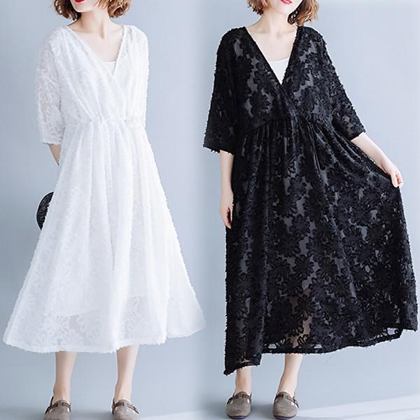 マキシワンピース ワンピース レディース オシャレ 夏 白 レース ミモレ丈 Vネック 体型カバー 40代