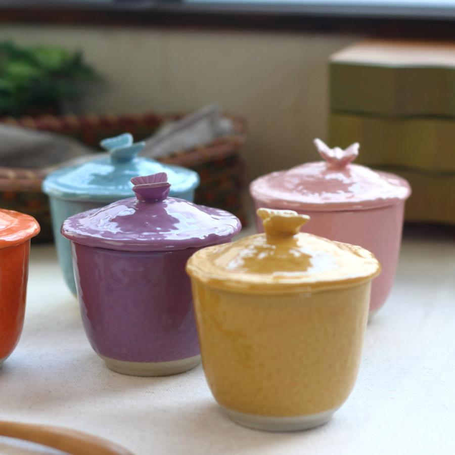 瀬戸焼カラフルバタフライ和の蒸し椀 日本製 瀬戸焼 蓋の取っ手が蝶々