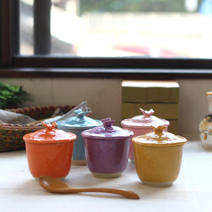 瀬戸焼カラフルバタフライ和の蒸し椀 日本製 瀬戸焼 蓋の取っ手が蝶々