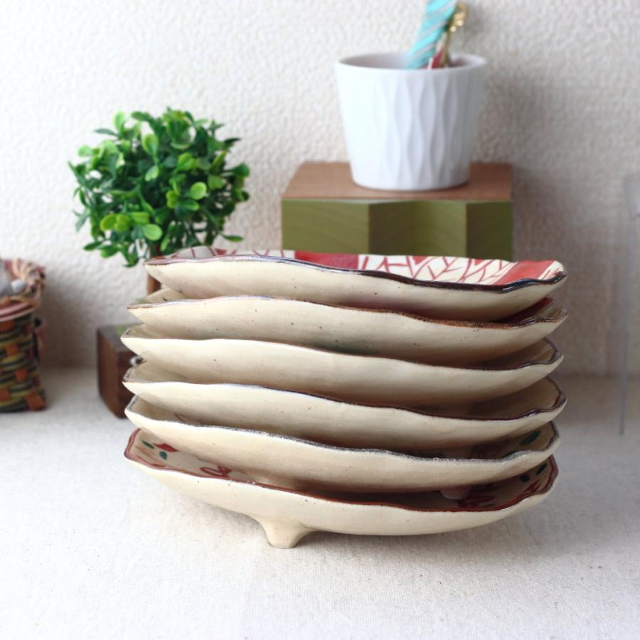 美濃焼　赤絵 手描き　三ツ足楕円皿　オーバル５客 赤絵三善 煮魚が似合う手描き三ツ足楕円皿 22cm 美濃取寄 日本製 美濃