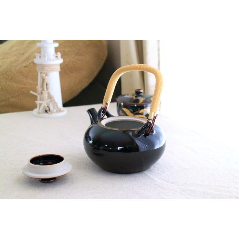 陶器製ティーポット 茶色と黒のストライプ、日本民藝 金羽鶴 急須 国産 美濃焼 ティーポット 陶器 日本茶 紅茶 緑茶 ミニ