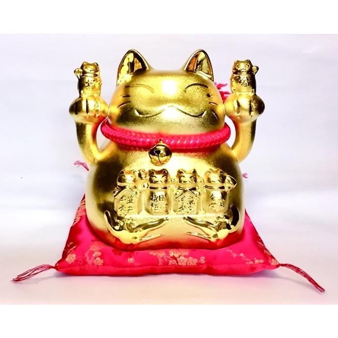 金運両手招き猫（鈴） MR230 お取り寄せ 陶器 貯金箱 置物 招き猫 ねこ