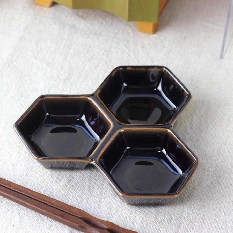瀬戸焼 六角三品皿 日本製 美濃焼 仕切り皿 連結皿 小皿 醤油皿