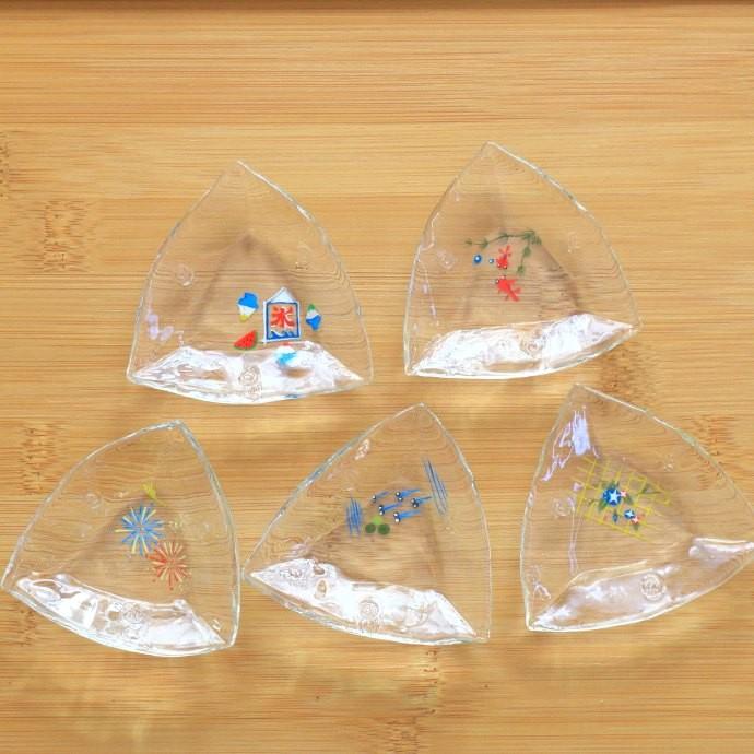 三角小皿 ガラス 夏柄 お取り寄せ 小皿 豆皿 三角皿 箸休め サマー