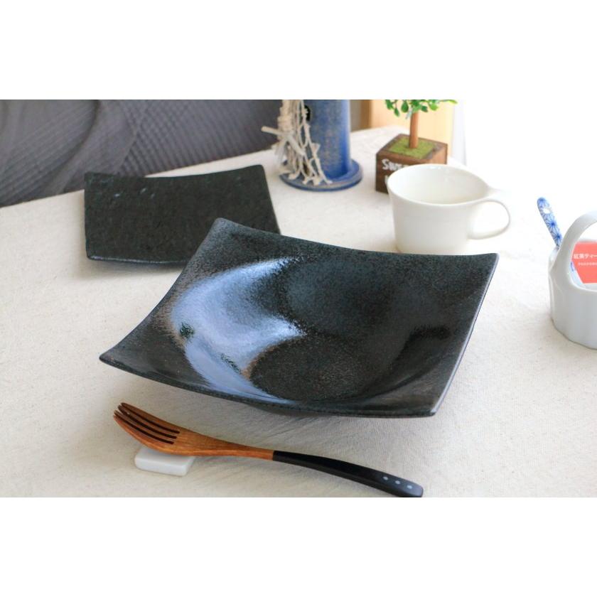 黒結晶 スクエアパスタボール 22.5cm 国産 美濃焼 パスタ皿 カレー皿