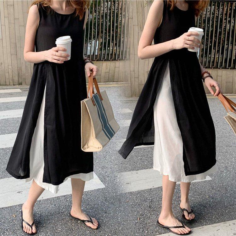 深緑 ふかみどり ワンピース レディース 40代 キレイめ マキシワンピース 春夏 ノースリープワンピース黒白切り替え シフォンスカート ゆったり韓国風 オシャレ 大人可愛い Lynn Beauty Co Uk