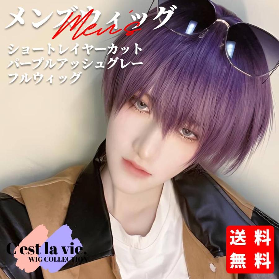ウィッグ メンズ ショート レイヤー パープル グレー フルウィッグ