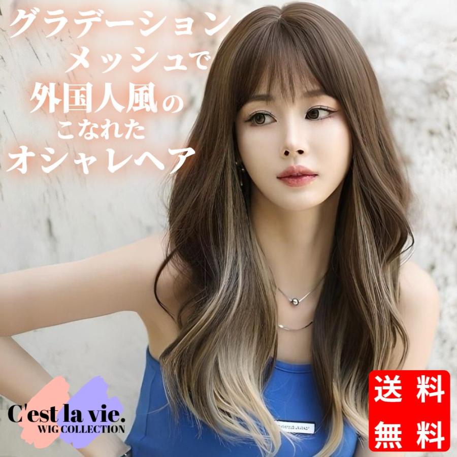 ウィッグ ロング カール ハイライト ブラウン メッシュ フルウィッグ