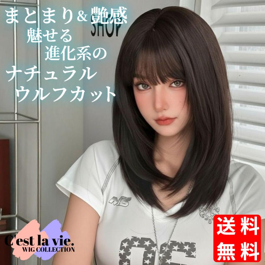 ウィッグ セミロング ナチュラル ウルフ ダーク ブラウン フルウィッグ