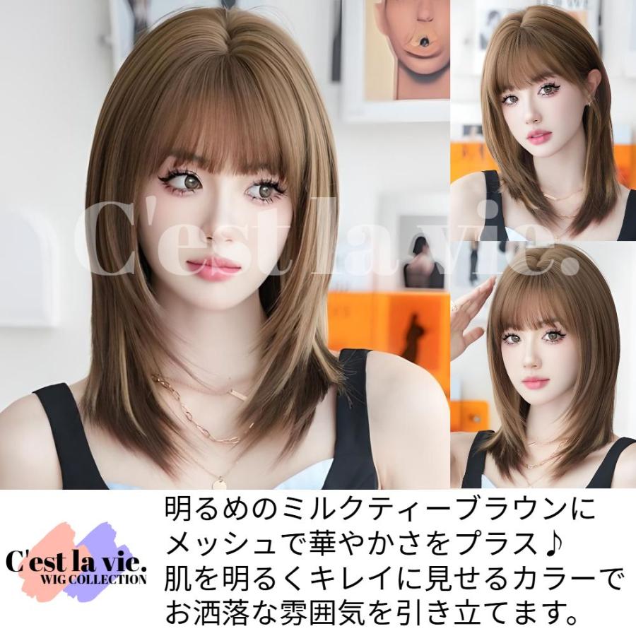 ウィッグ セミロング シャギー ウルフ ブラウン ハイライト