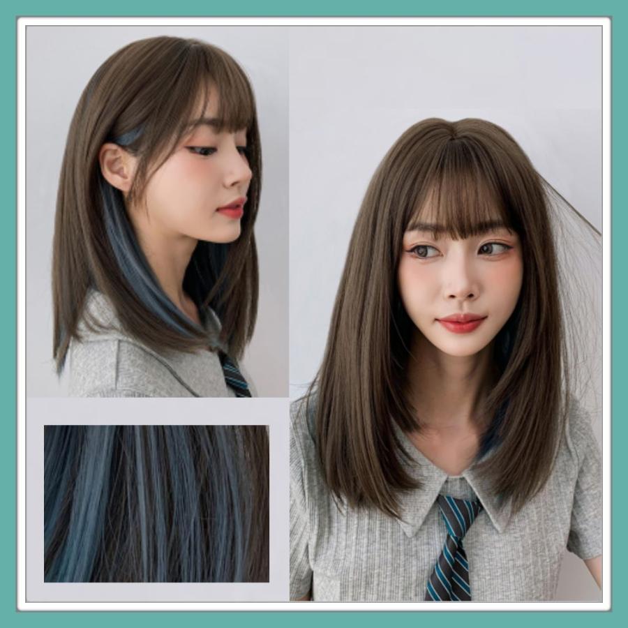 ウィッグ セミロング シャギー インナーカラー ブラウン ブルー フル